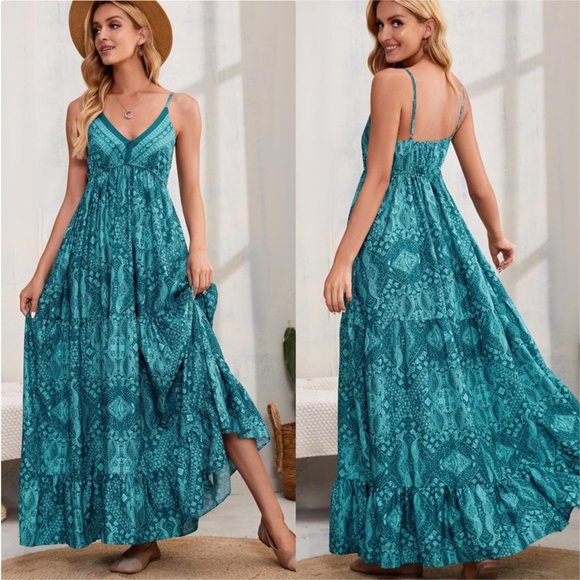 Boho Gypsy BLUE Ruffle Cami Maxi Dress Floral